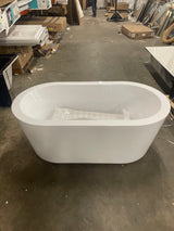 59 in. x 34 in. Acrylic Freestanding Soaking Bathtub in Glossy White with Brushed Gold Drain, Bamboo Tray
