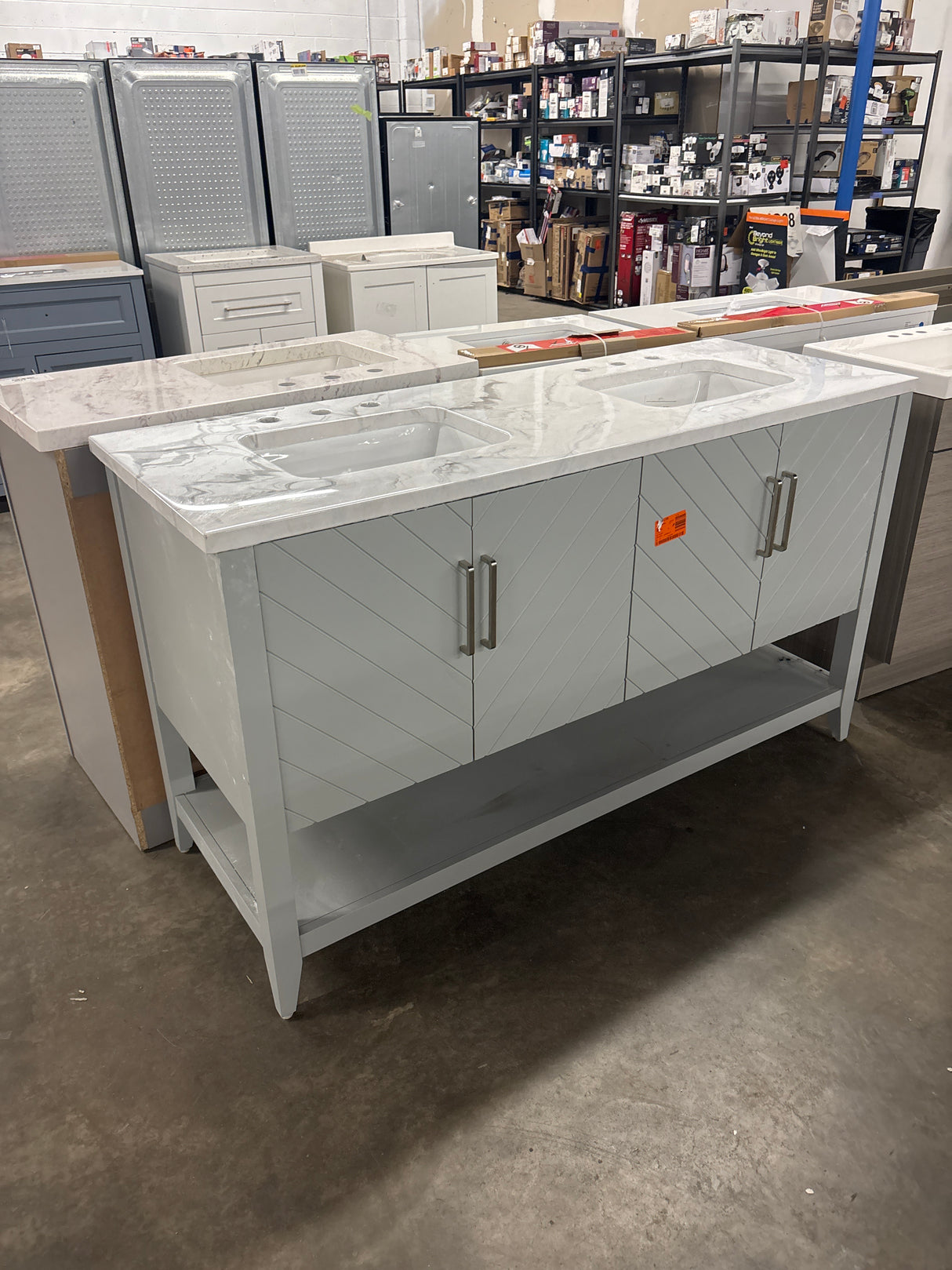 Baybarn 60 in. Double Sink Gray Bath Vanity with Epoxied White Engineered Carrara Top (Assembled)