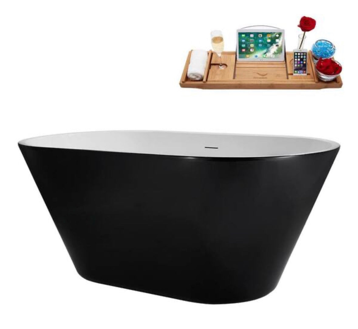 54 in. x 30 in. Acrylic Freestanding Soaking Bathtub in Glossy Black with Polished Gold Drain
