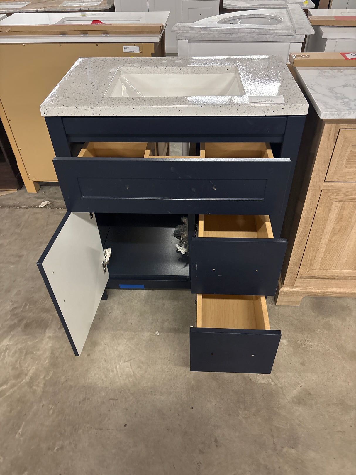 Clady 31 in. W x 19 in. D x 35 in. H Single Sink Bath Vanity in Deep Blue with Silver Ash Cultured Marble Top