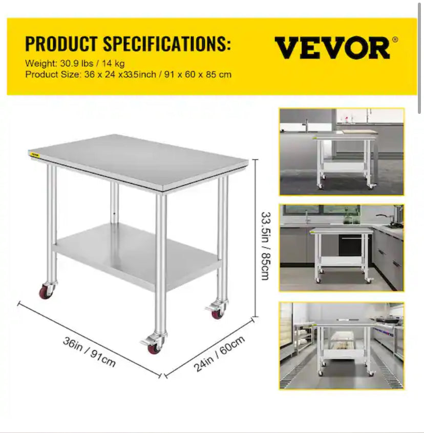 Stainless Steel Work Table Commercial Kitchen Prep Table 36 in. x 24 in. with 4 Wheels Heavy Duty Work Table