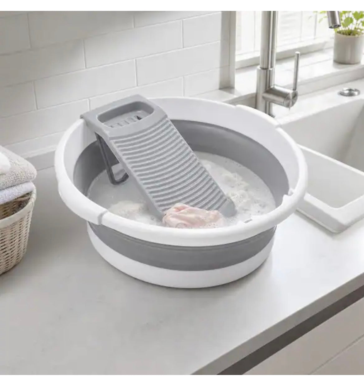 20 in. D x 20 in. W Freestanding Large Laundry Collapsible Washboard Basin with Scrubber for Hand Washing Clothes, Grey