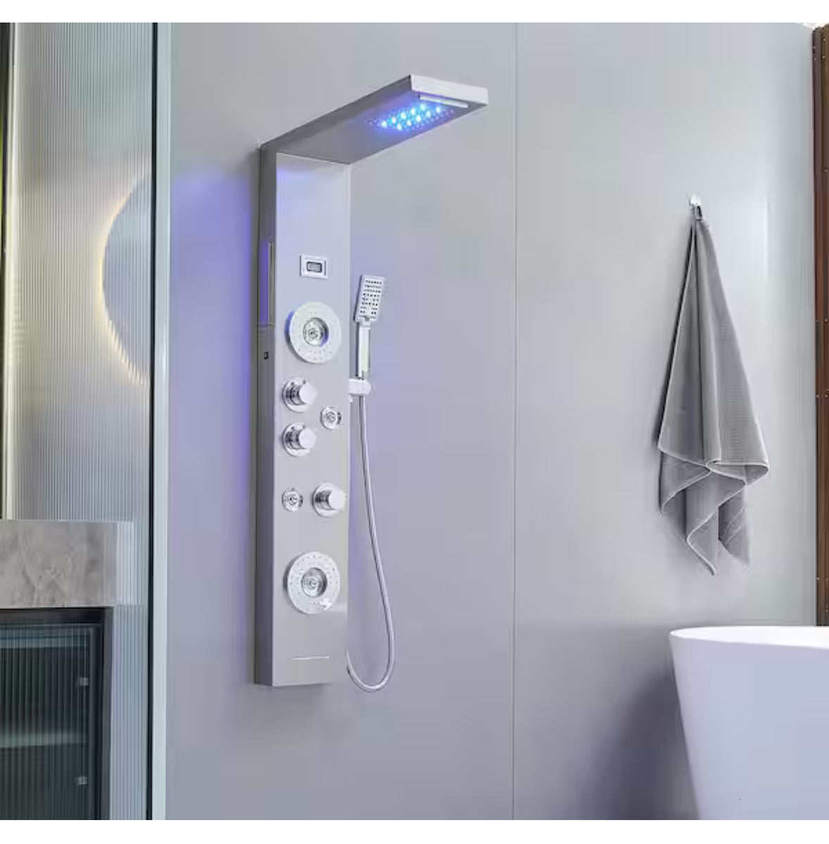 4-Jet Rainfall Shower Tower Shower Panel System with Rainfall Shower Head Shower Wand With LED light in Chrome Nickel