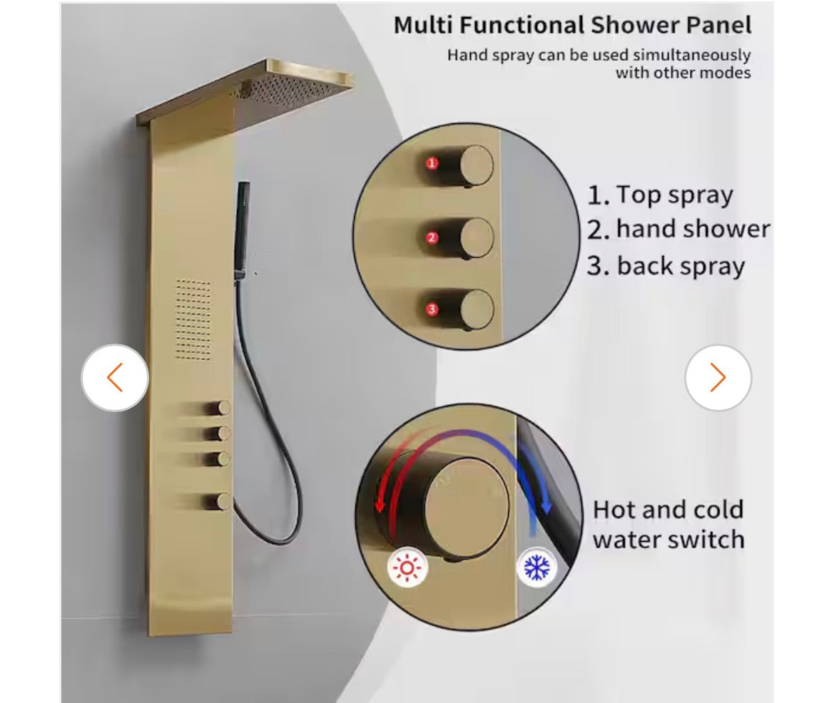 1-Jet Rainfall Shower Tower Shower Panel System with Rainfall Waterfall Shower Head and Shower Wand in Brushed Gold