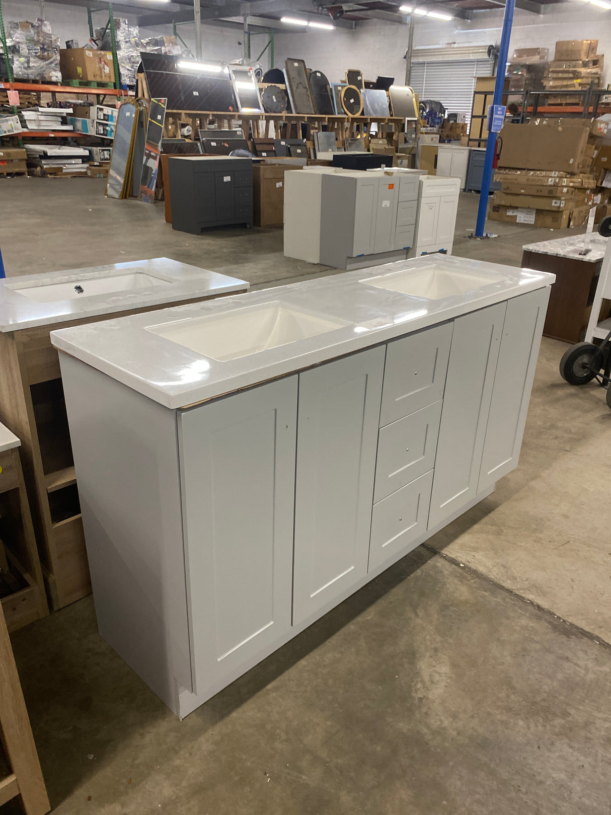 Bannister 61 in. Double Sink Pearl Gray Freestanding Bath Vanity with Granite-Look Colorpoint White Cultured Marble Top