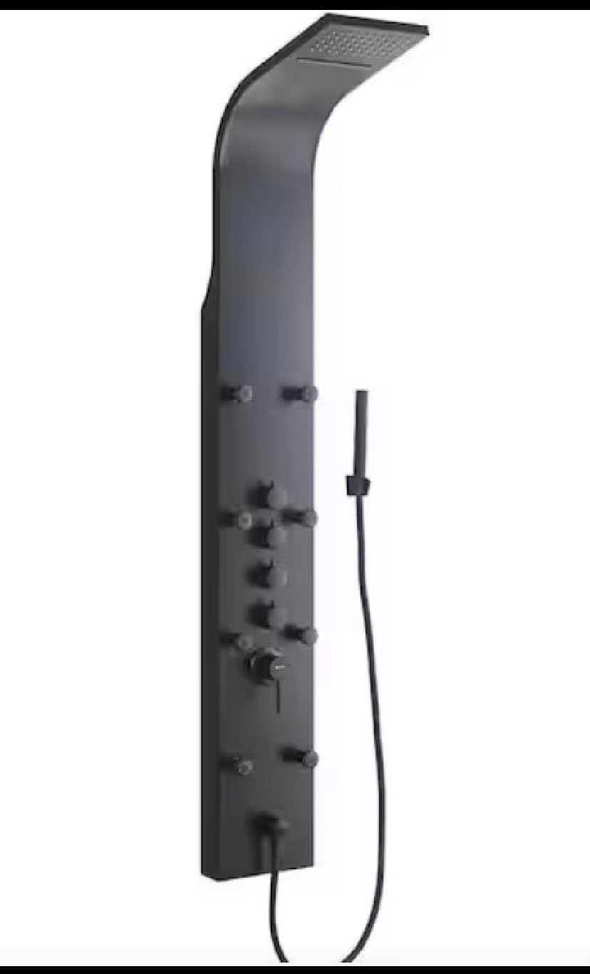 65 in. 8-Jet Rainfall Shower Panel System with Waterfall Shower Head and Shower Wand in Black Painted Stainless Steel