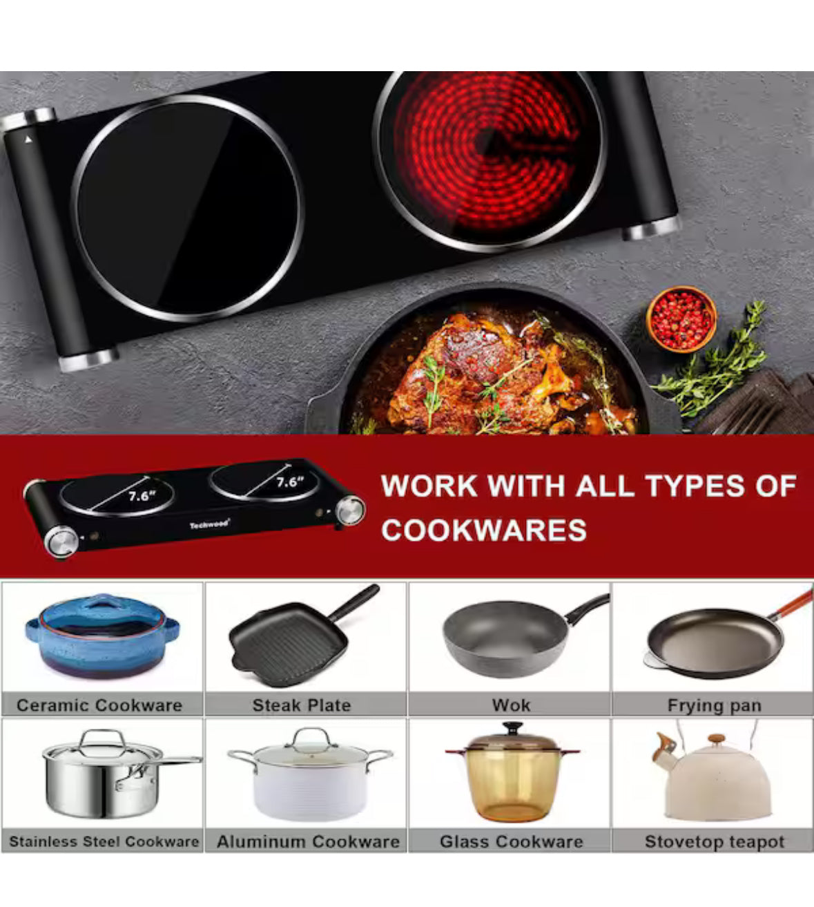 Portable 2-Burner 7.6 in. Black Infrared Ceramic Electric Stove 1800-Watt Electric Dual Hot Plate