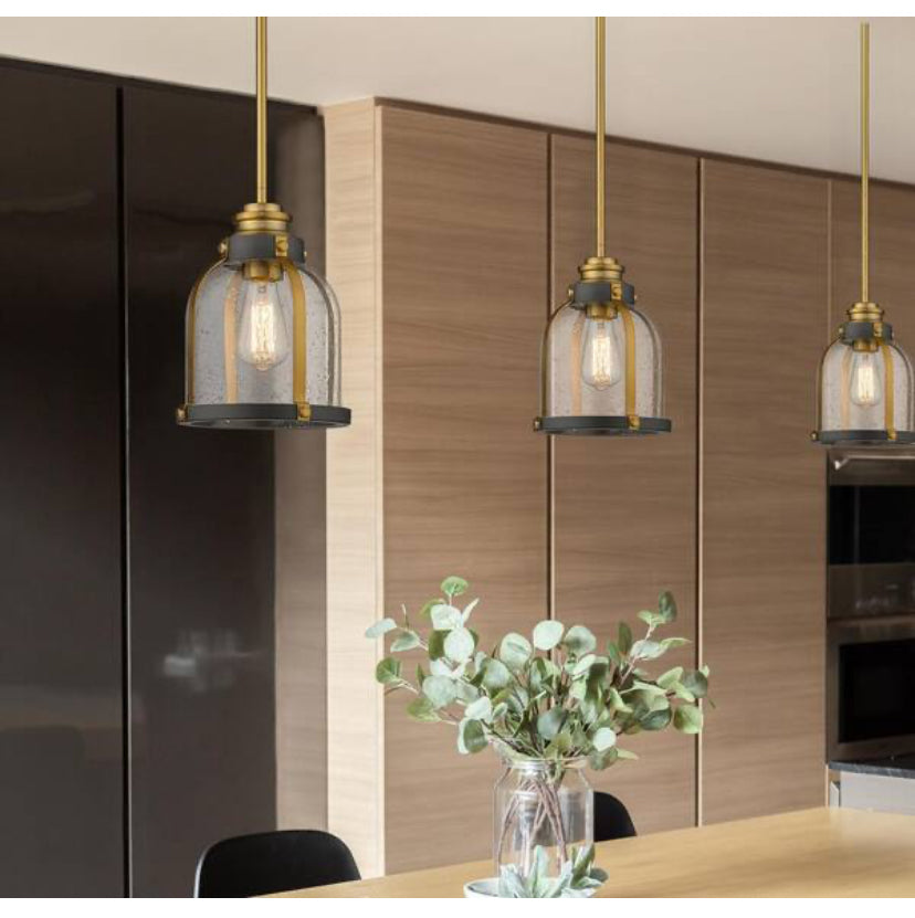 1-Light Bronze and Brass Mini Pendant with Clear Seedy Glass