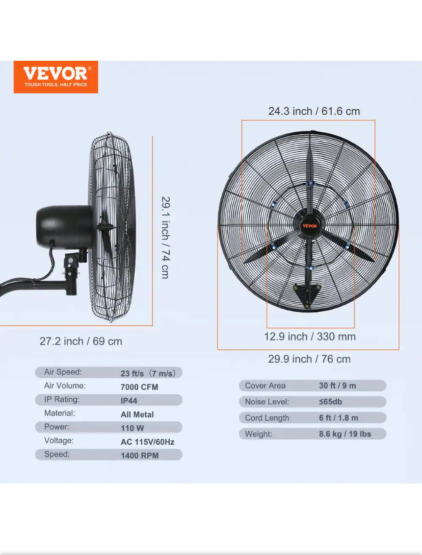 Wall-Mount Misting Fan 24 in. 3-speed High Velocity Max. 7000 CFM Waterproof Oscillating Industrial Wall Fan