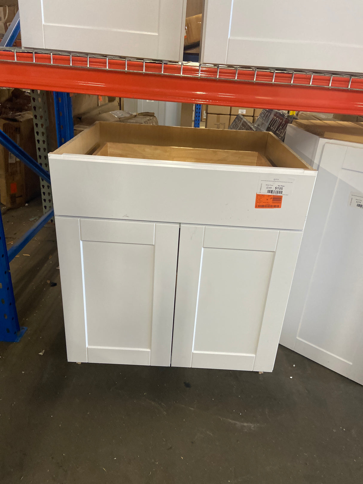 Shaker Satin White Stock Assembled Base Kitchen Cabinet with Ball-Bearing Drawer Glides (30 in. x 34.5 in. x 24 in.)