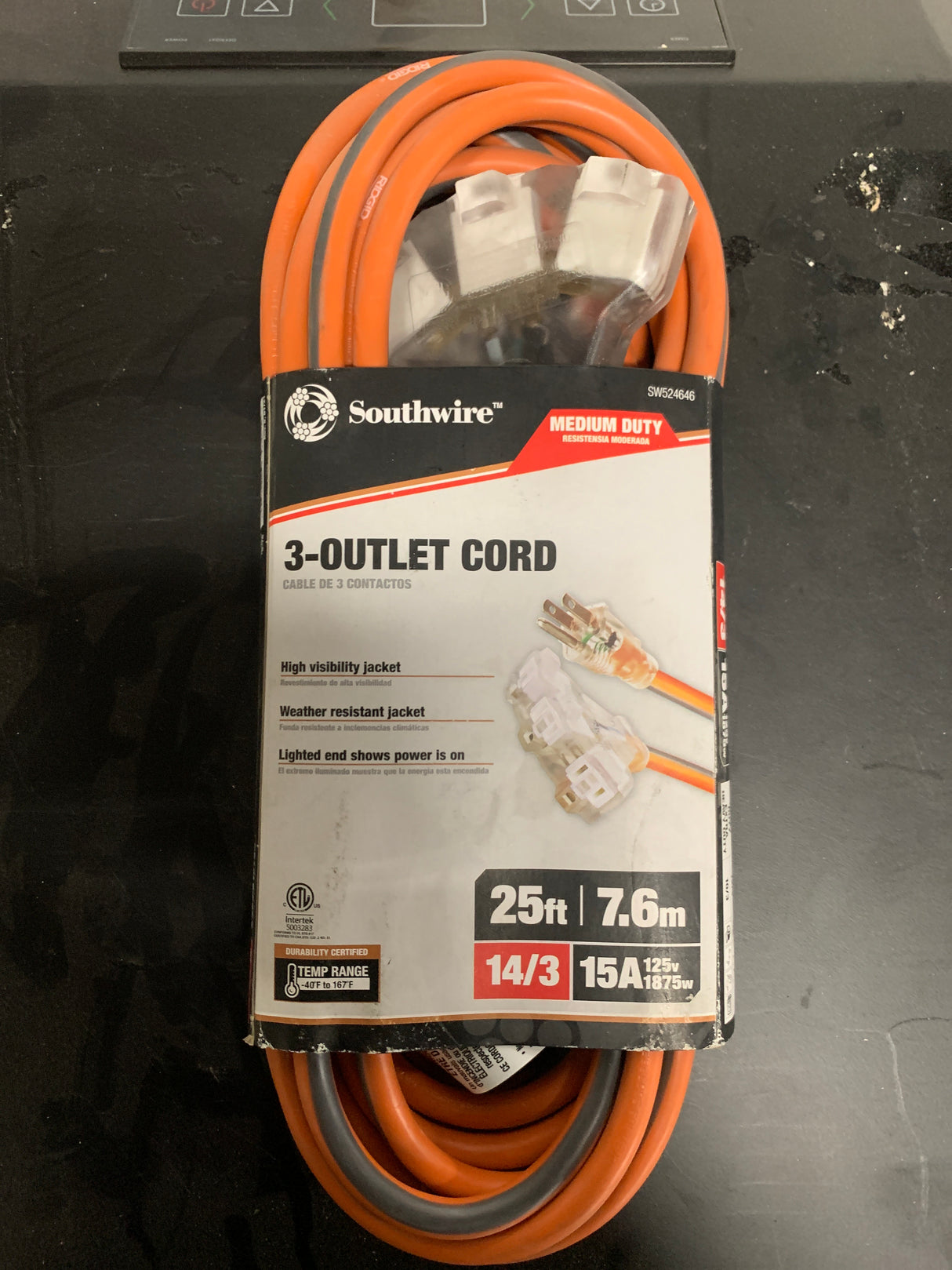 25ft 14/3 Medium Duty 3-Outlet Lighted SJTW Indoor/Outdoor Extension Cord