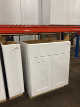 Shaker 27 in. W x 24 in. D x 34.5 in. H Assembled Base Kitchen Cabinet in Satin White with Ball-Bearing Glides