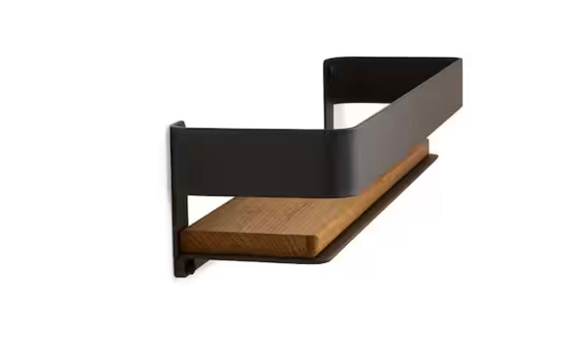 18 in. x 4 in. Rectangular Shower Shelf with Rail in Matte Black and Natural Teak Wood Insert