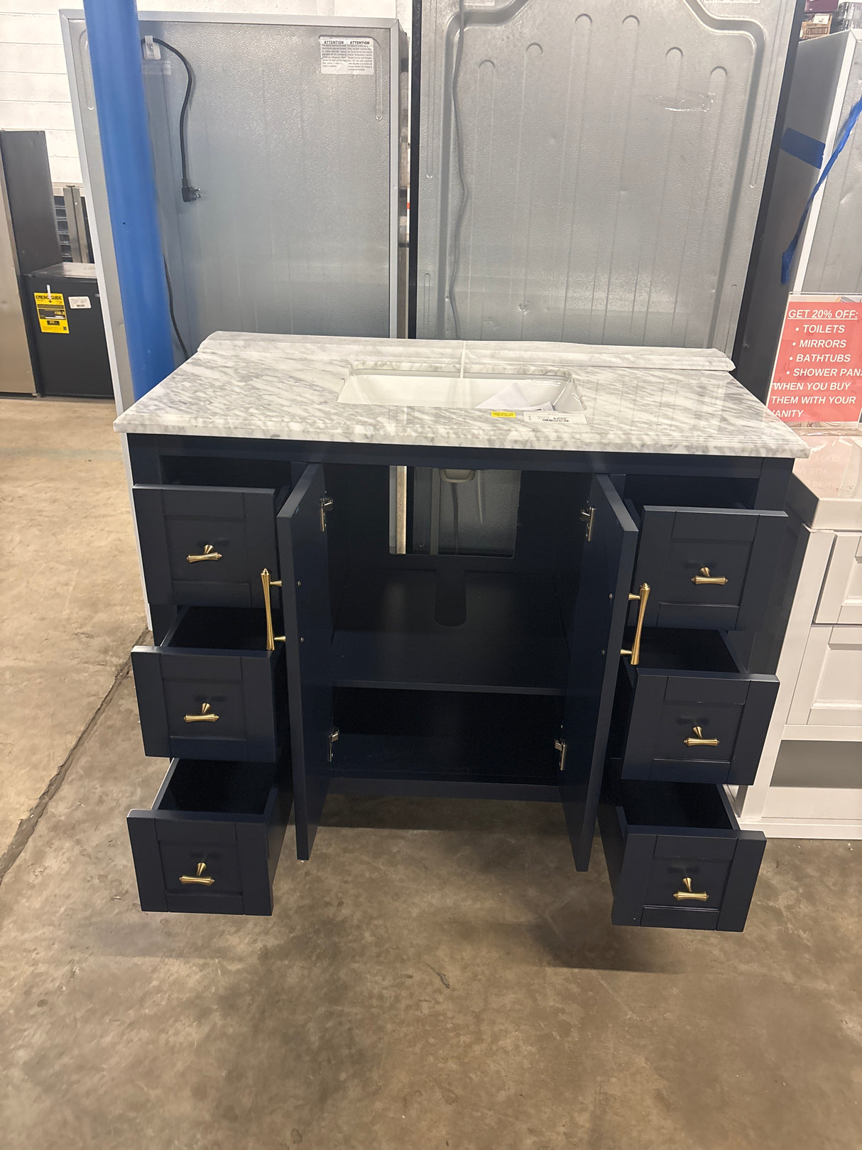 Sturgess 43 in. W x 22 in. D x 35 in. H Single Sink Freestanding Bath Vanity in Navy Blue with Carrara Marble Top ( Comes With One Free Toilet Or Mirror Valued Up To $100)