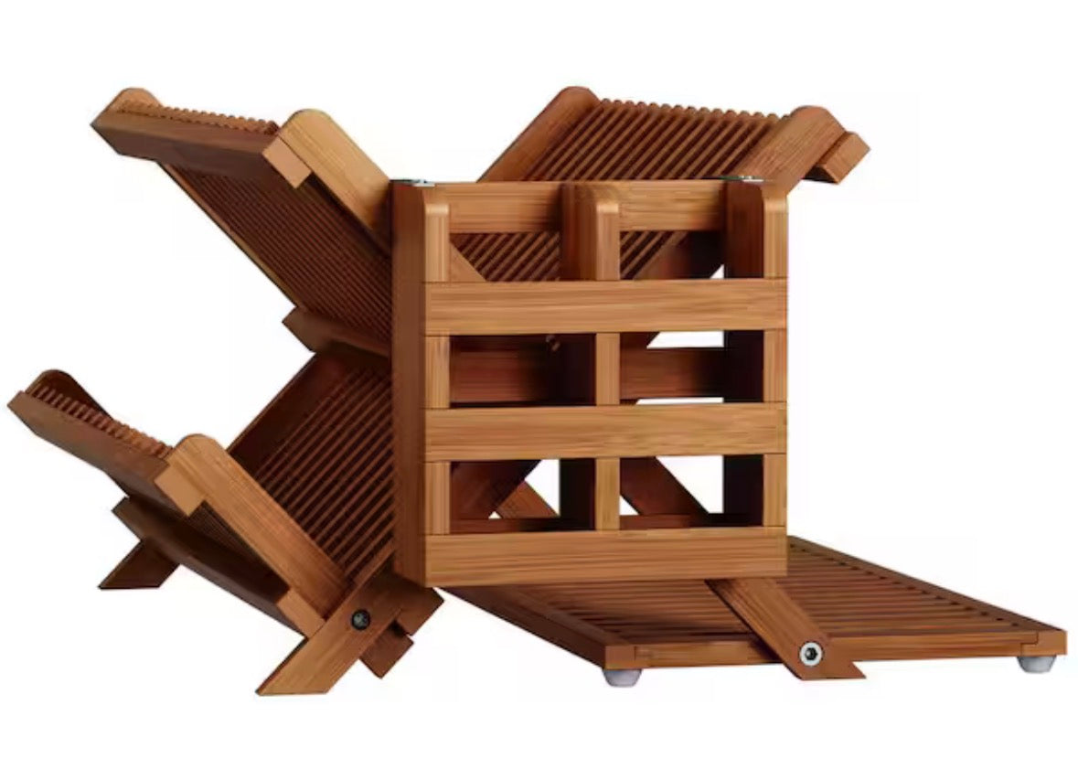 Teak Bamboo Dish Drying Rack with Utensil Holder, 3-Tier Counter Collapsible Dish Rack with Absorbent Dish Drying Mat