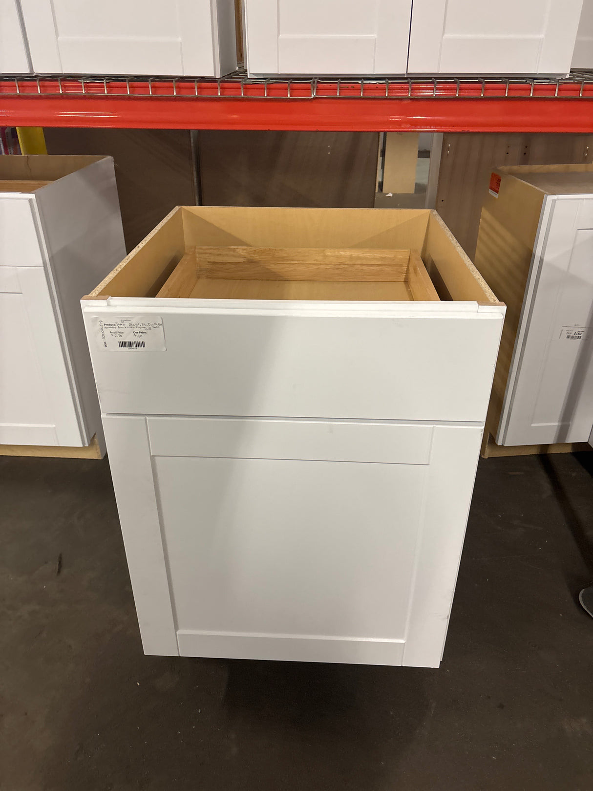 Shaker Satin White Stock Assembled Base Kitchen Cabinet with Ball-Bearing Drawer Glides (24 in. x 34.5 in. x 24 in.)
