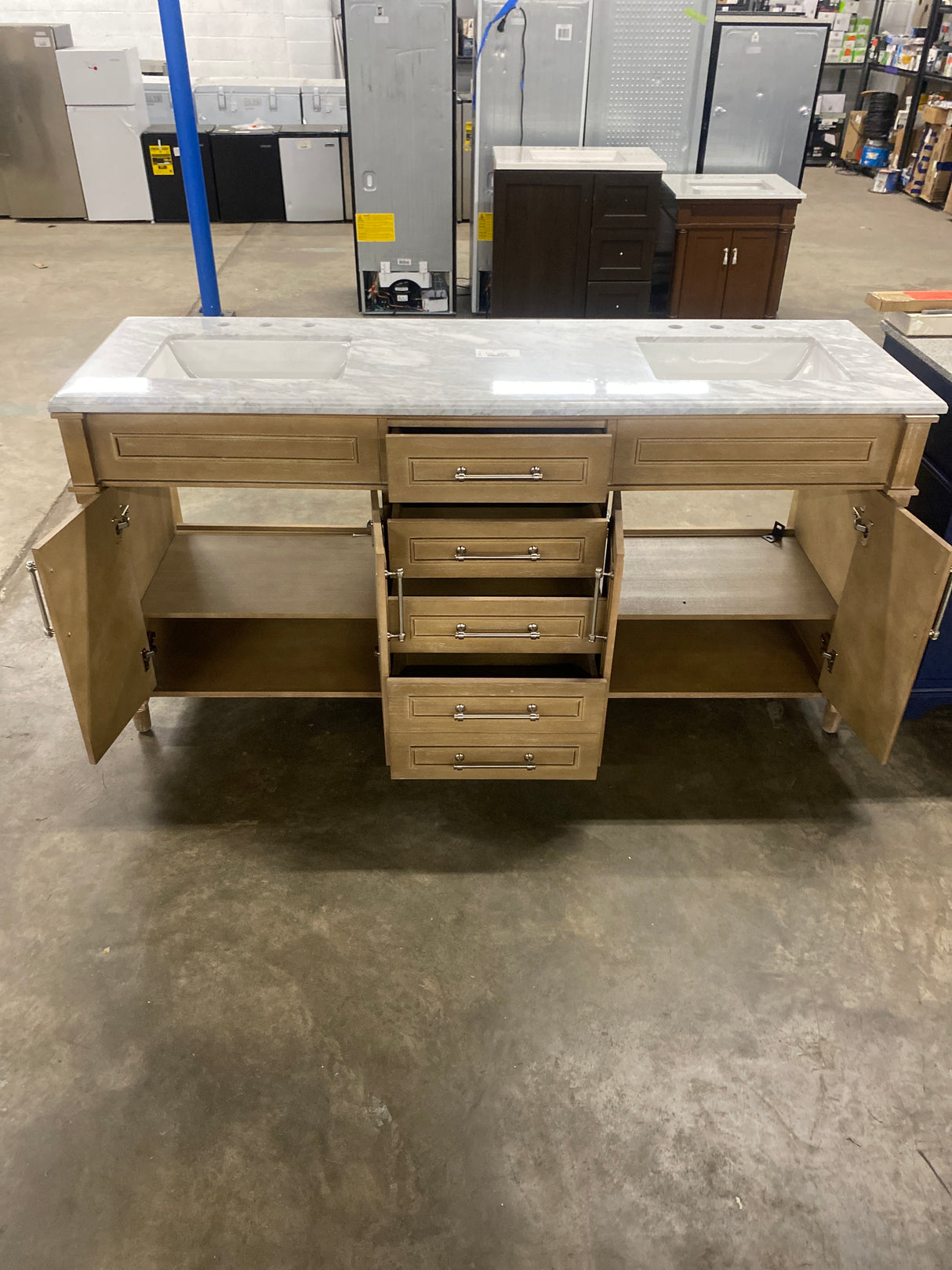 Aberdeen 72 in. x 22 in. D x 34.5 in. H Bath Vanity in Antique Oak with White Carrara Marble Top ( Comes With One Free Toilet or Mirror Valued Up To $150 )