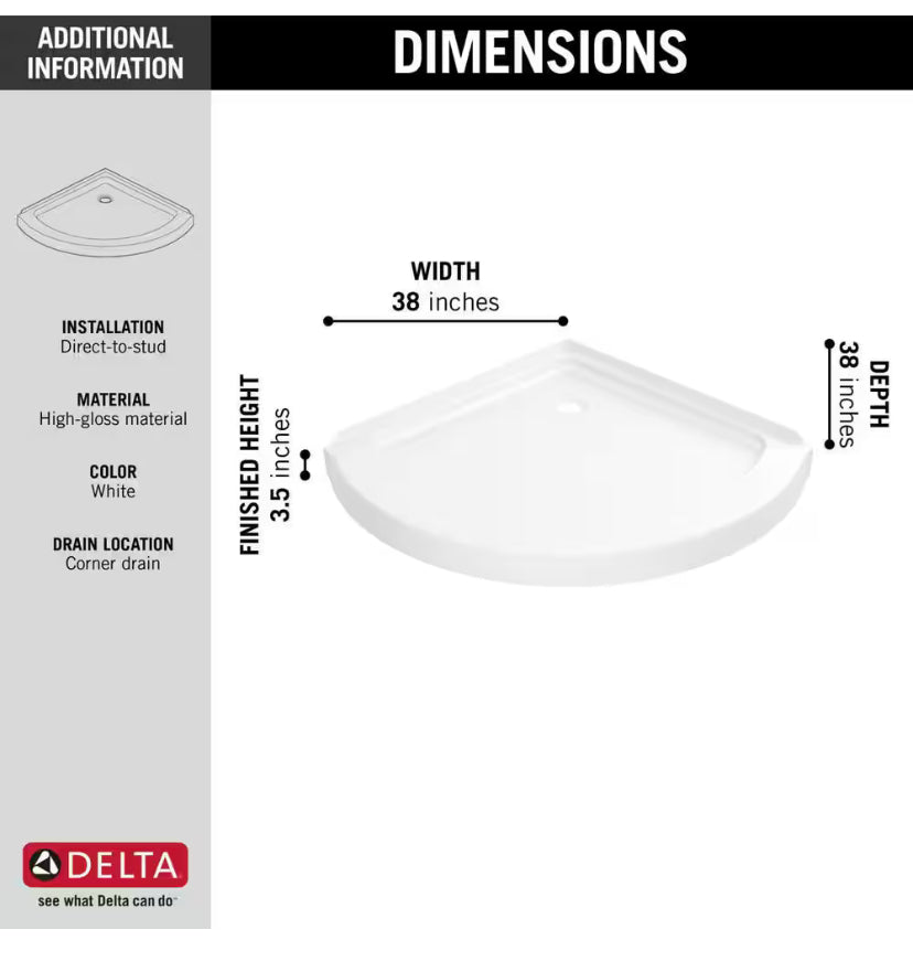 Foundations 38 in. L x 38 in. W Corner Shower Pan Base with Corner Drain in White