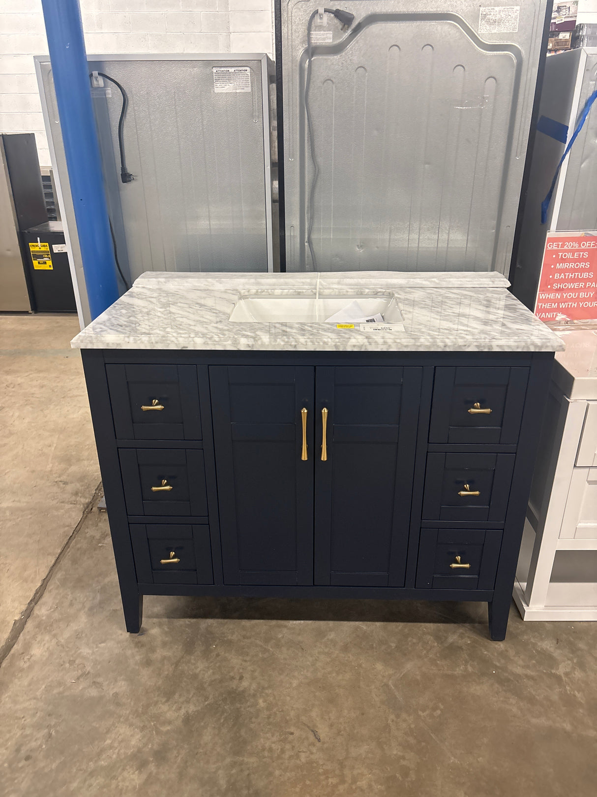 Sturgess 43 in. W x 22 in. D x 35 in. H Single Sink Freestanding Bath Vanity in Navy Blue with Carrara Marble Top ( Comes With One Free Toilet Or Mirror Valued Up To $100)