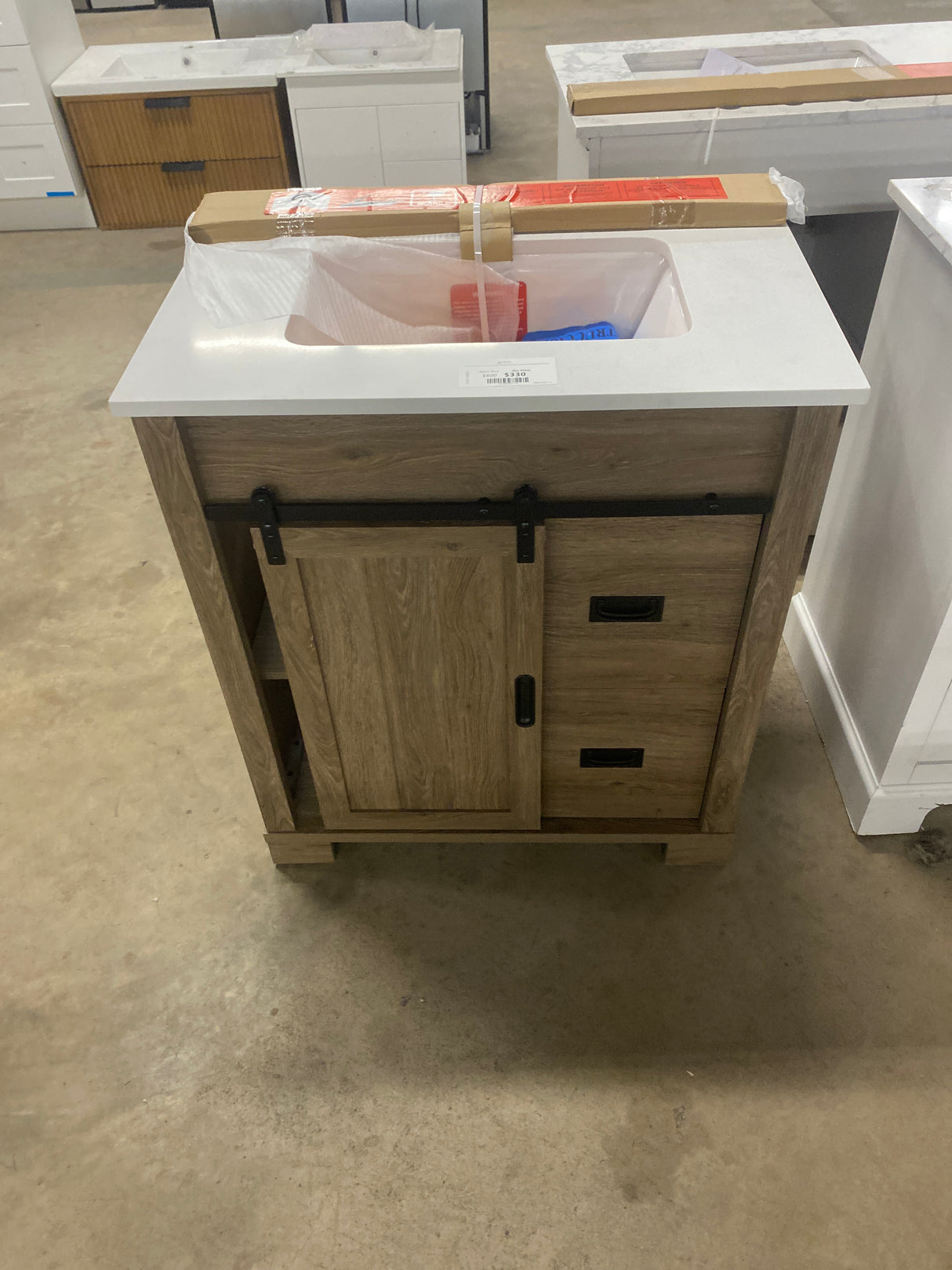 Brindley 30 in. W x 20 in. D x 35 in. H Single Sink Freestanding Vanity Aged Oak with Veined White Engineered Stone Top