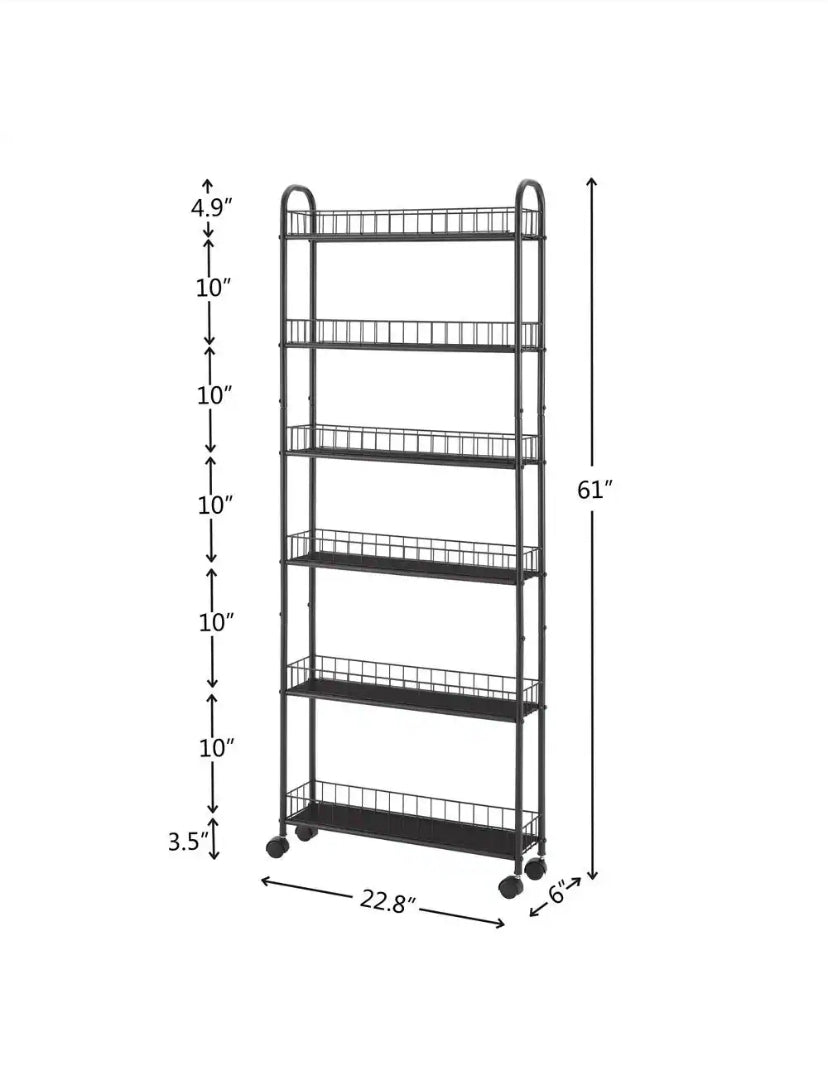 6-Shelf Black Metal Slim Storage Cart, Mobile Wire Rack Shelving Unit with Baskets (23 in. W x 10 in. D x 61 in. H)