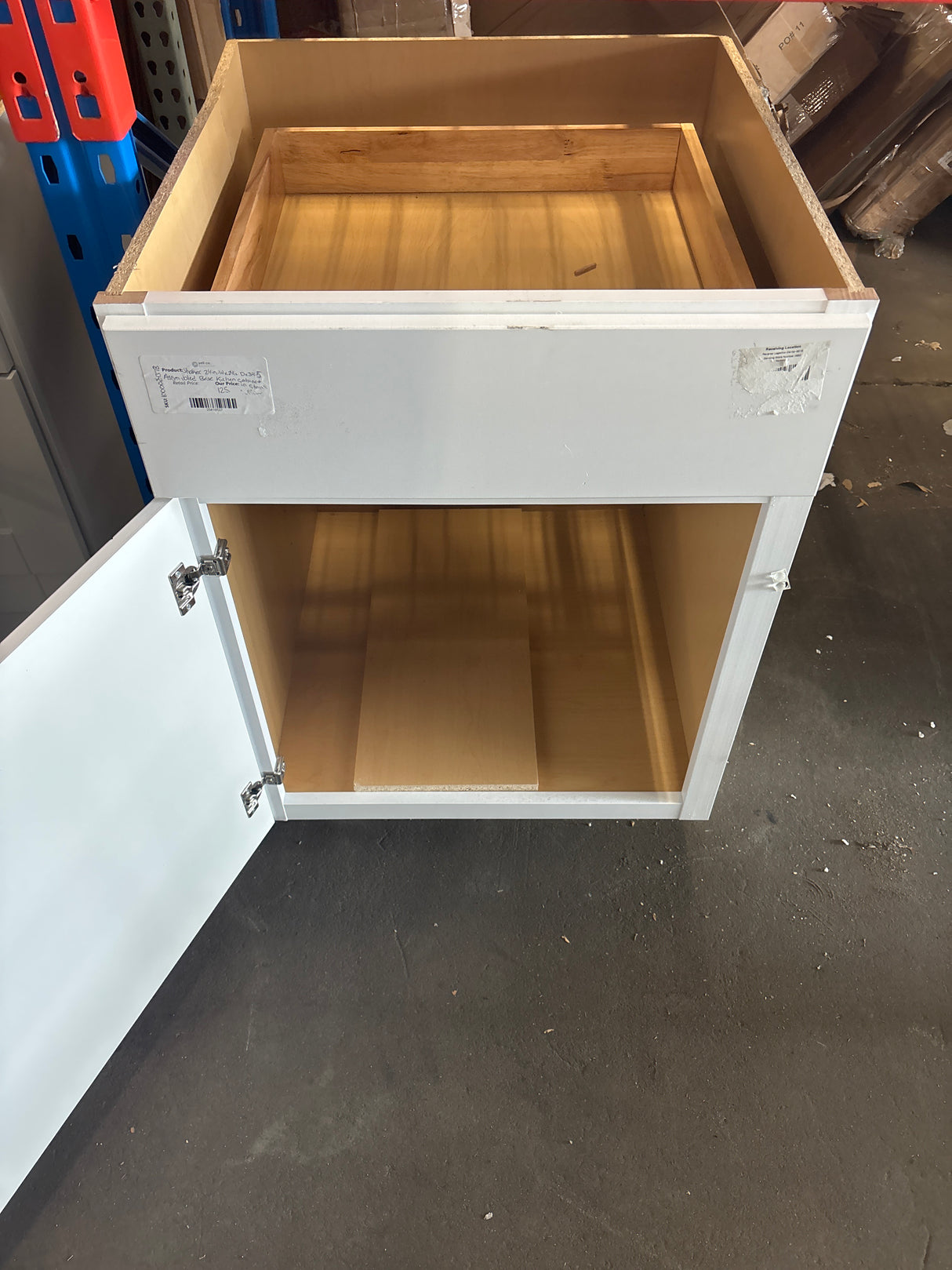 Shaker Satin White Stock Assembled Base Kitchen Cabinet with Ball-Bearing Drawer Glides (24 in. x 34.5 in. x 24 in.)
