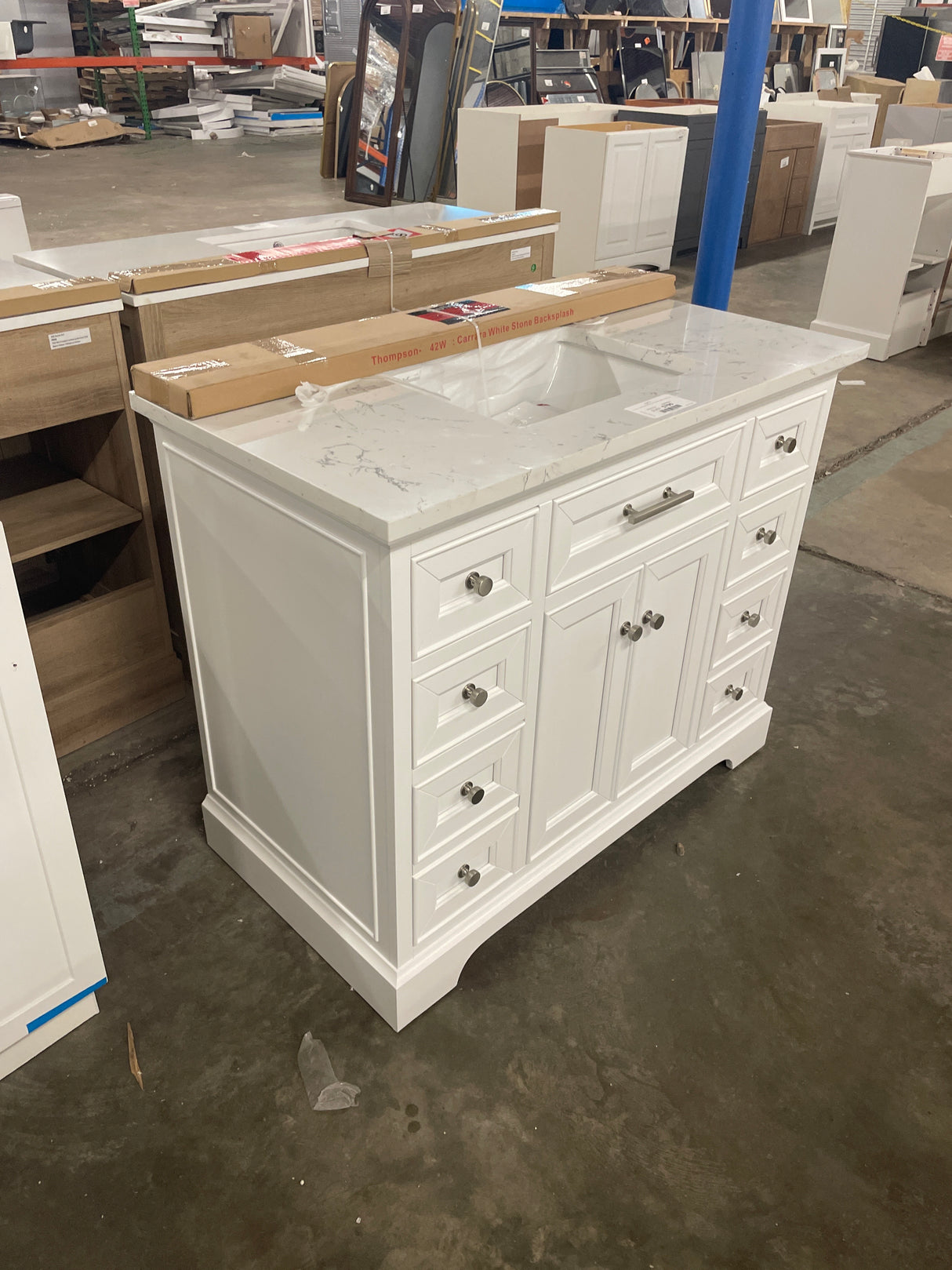 Thompson 42 in. Single Sink Freestanding Bathroom Vanity in White with Carrara White Engineered Stone Top