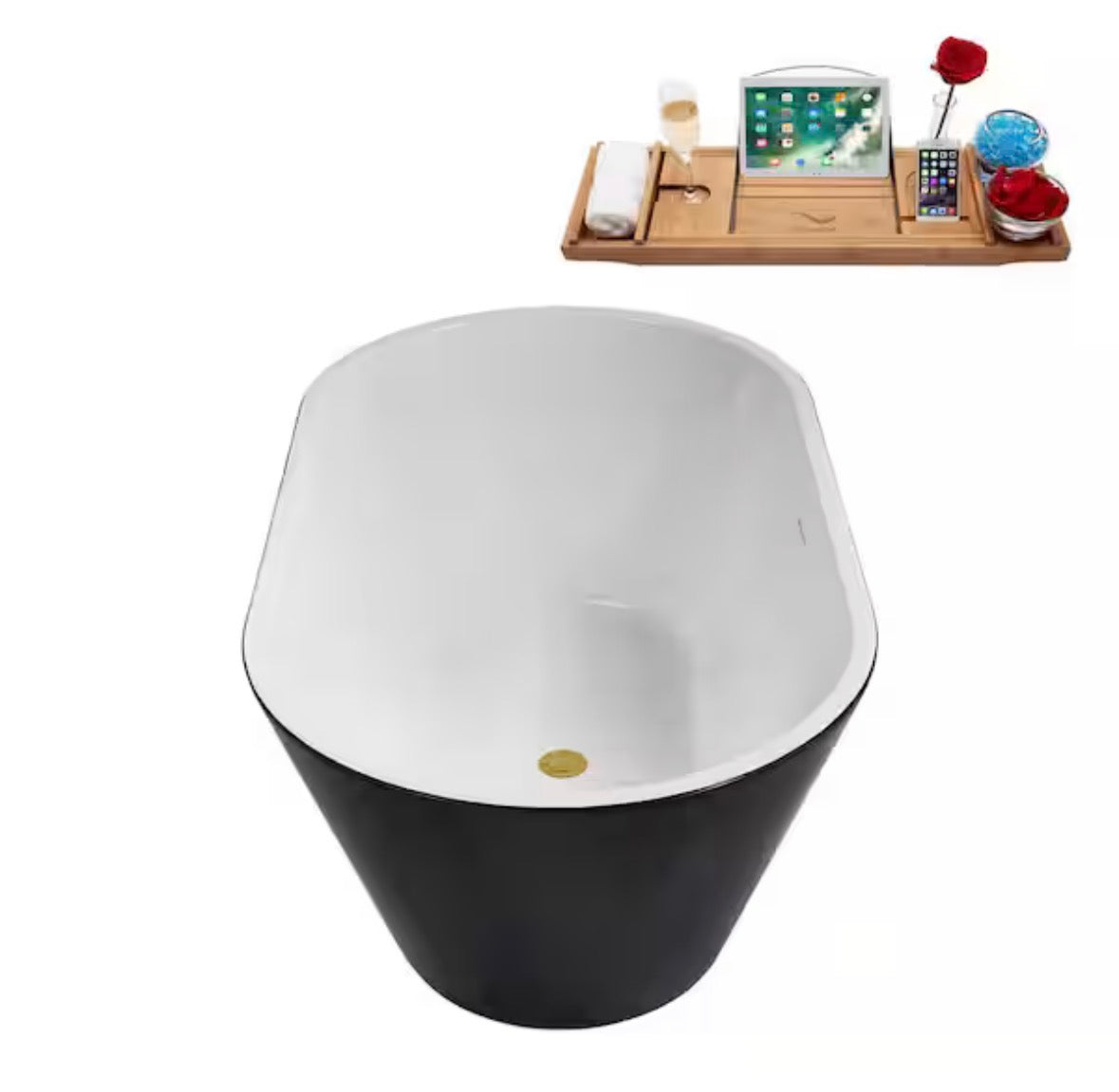 54 in. x 30 in. Acrylic Freestanding Soaking Bathtub in Glossy Black with Polished Gold Drain