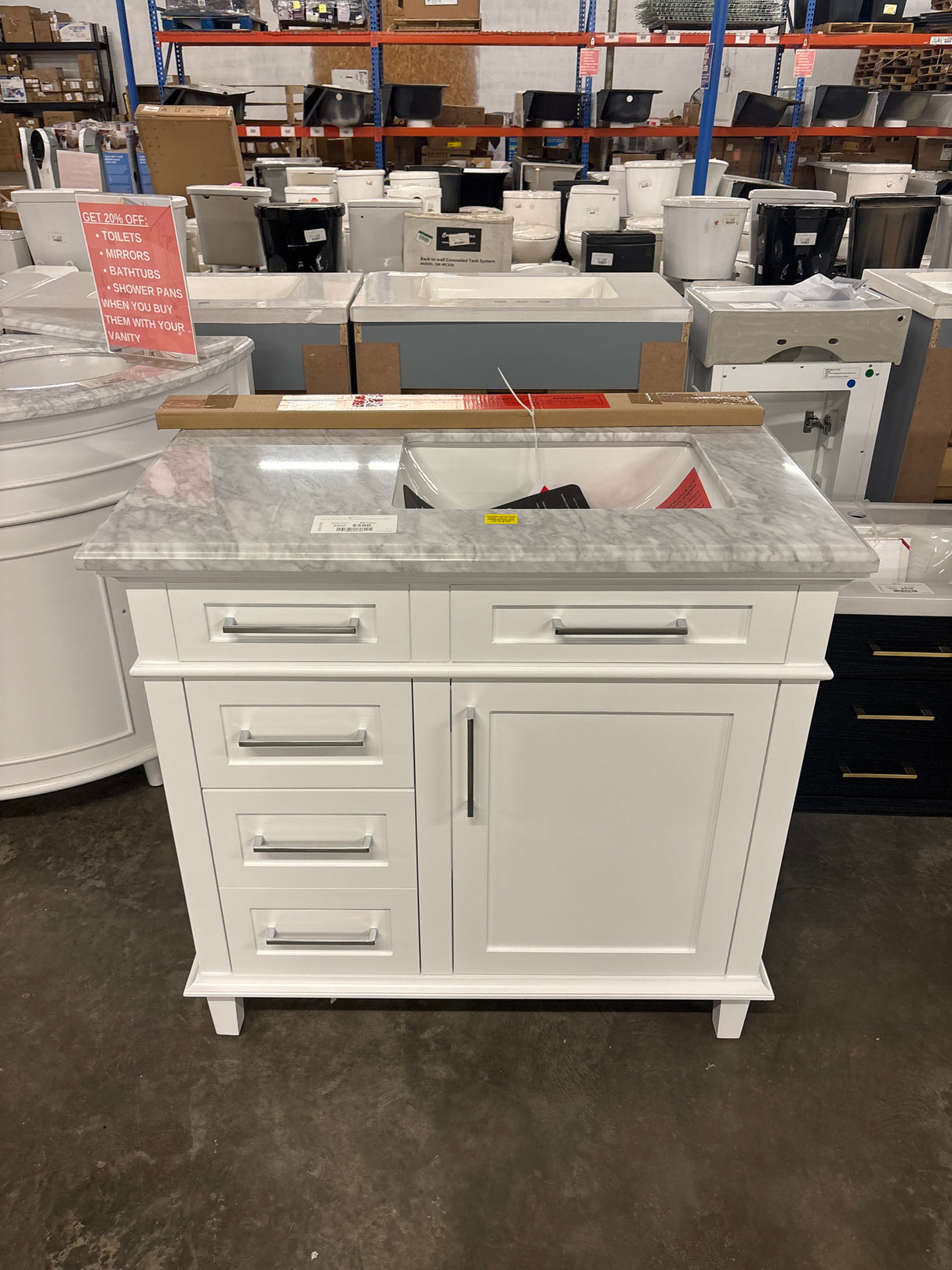 Sonoma 36 in. W x 22 in. D x 34 in. H Bath Vanity in White with White Carrara Marble Top ( Comes With One Free Toilet Or Mirror Valued Up To $100)
