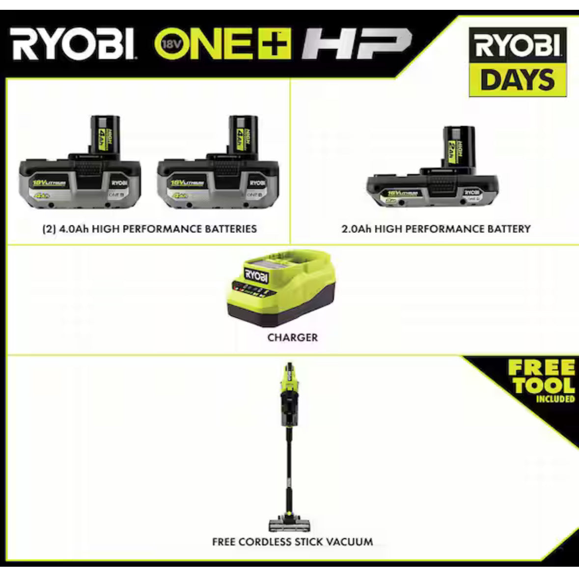 ONE+ HP 18V Kit w/ (2) 4.0 Ah Batteries, 2.0 Ah Battery, Charger, & FREE ONE+ HP Stick Vacuum