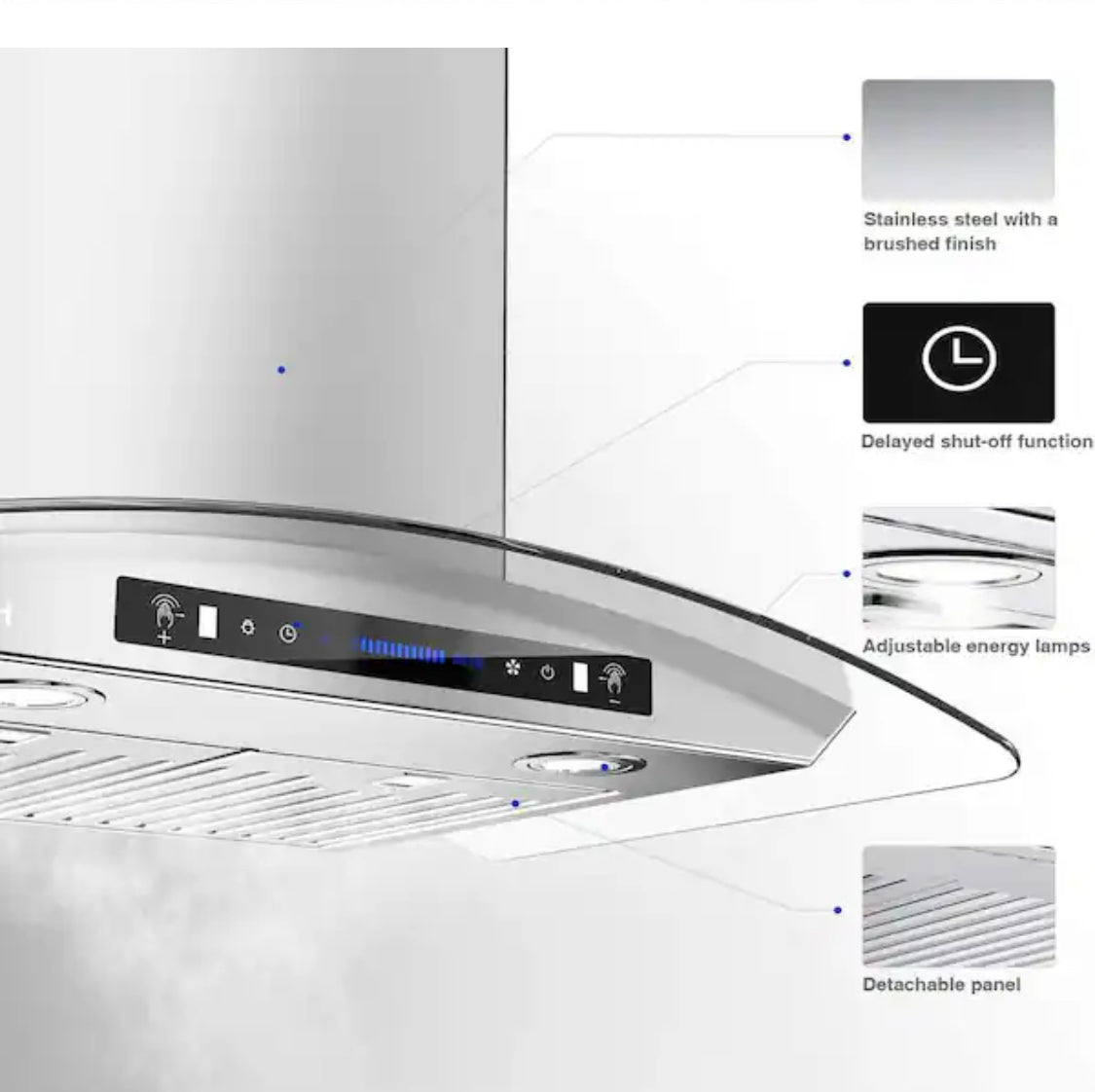 36 in. 900 CFM Wall Mount with LED light stainless steel Range Hood with Tempered Glass 4 Speed