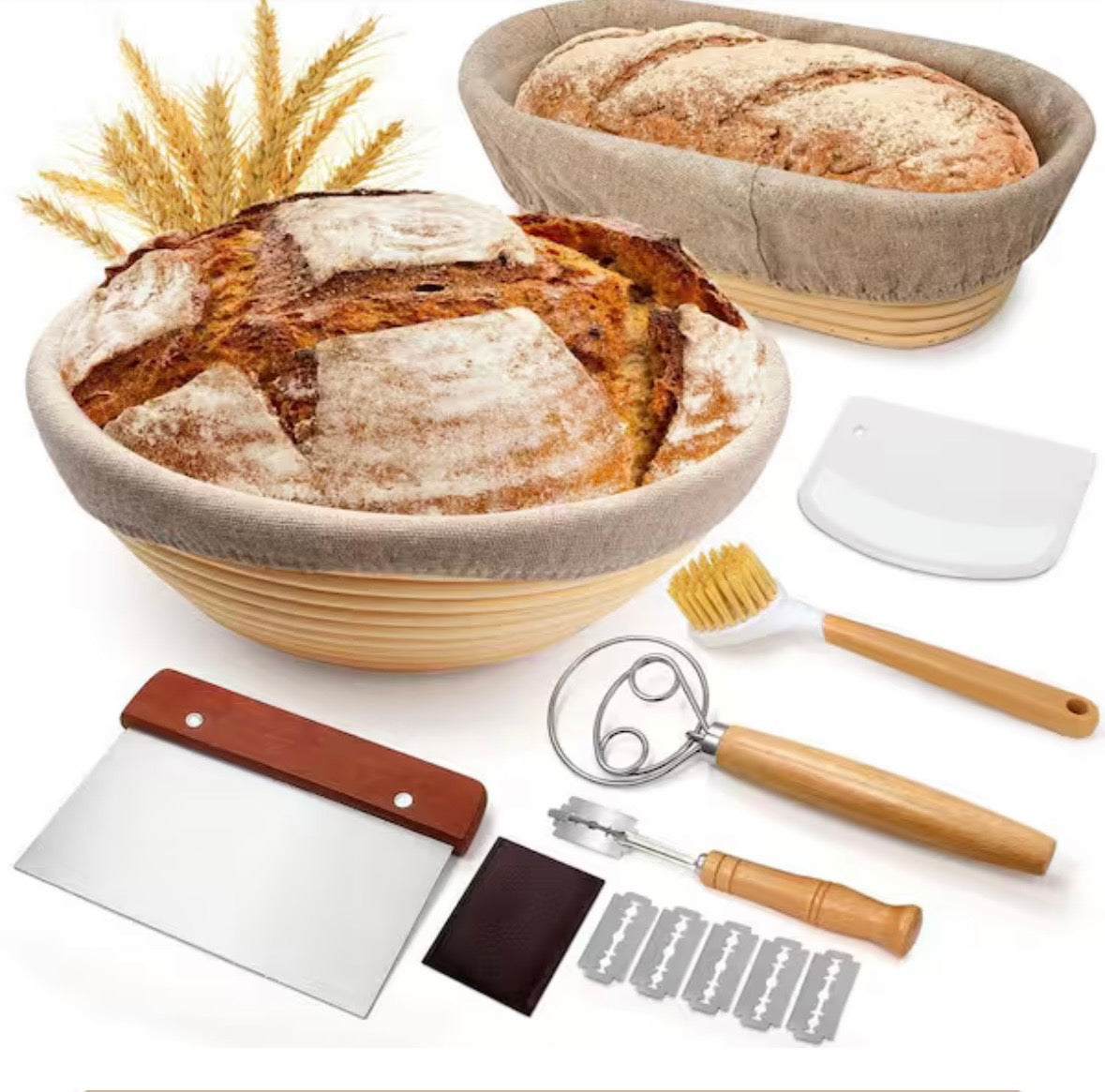 9-Piece Sourdough Bread Baking Supplies Set with Bread Lame, Danish Whish, Bowl Scraper, Sourdough Scraper, Linen Liners