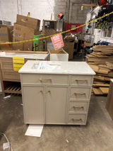 Marcote 36 in. Single Sink Freestanding Bathroom Vanity in Greige with White Volakas Engineered Marble Top