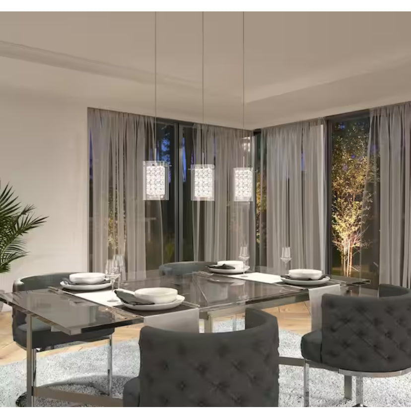 Crystal Cube 13-Watt 3 Light Chrome Modern Integrated LED Pendant Light Fixture for Dining Room or Kitchen