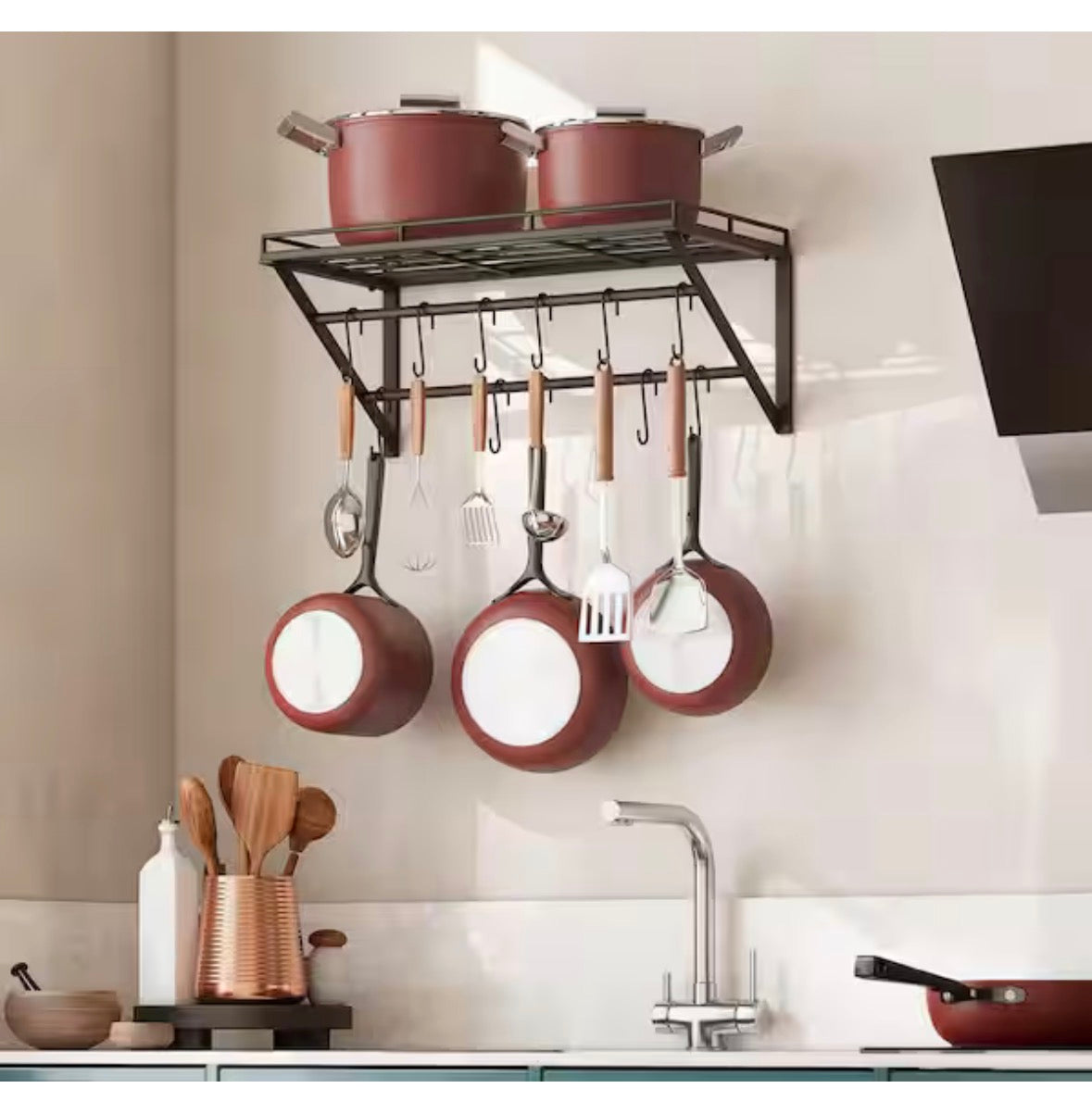 Black 23.6 in. Wall Mounted Pot Rack Storage Shelf with 2-Tier Hanging Rails and 12 S Hooks