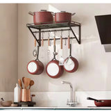 Black 23.6 in. Wall Mounted Pot Rack Storage Shelf with 2-Tier Hanging Rails and 12 S Hooks