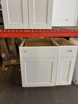 Shaker Satin White Stock Assembled Base Kitchen Cabinet with Ball-Bearing Drawer Glides (24 in. x 34.5 in. x 24 in.)