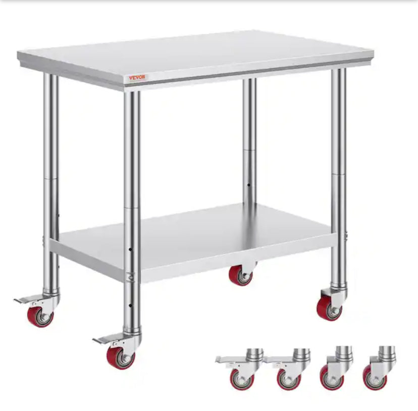 Stainless Steel Work Table Commercial Kitchen Prep Table 36 in. x 24 in. with 4 Wheels Heavy Duty Work Table