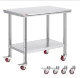 Stainless Steel Work Table Commercial Kitchen Prep Table 36 in. x 24 in. with 4 Wheels Heavy Duty Work Table