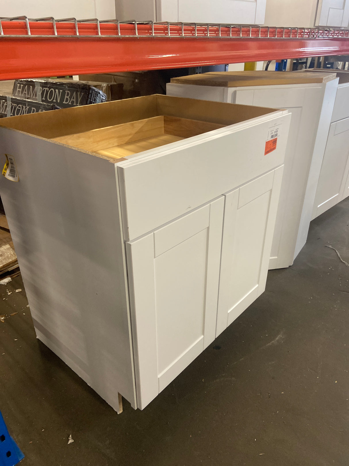 Shaker Satin White Stock Assembled Base Kitchen Cabinet with Ball-Bearing Drawer Glides (30 in. x 34.5 in. x 24 in.)