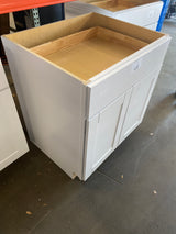 Shaker Satin White Stock Assembled Base Kitchen Cabinet with Ball-Bearing Drawer Glides (30 in. x 34.5 in. x 24 in.)