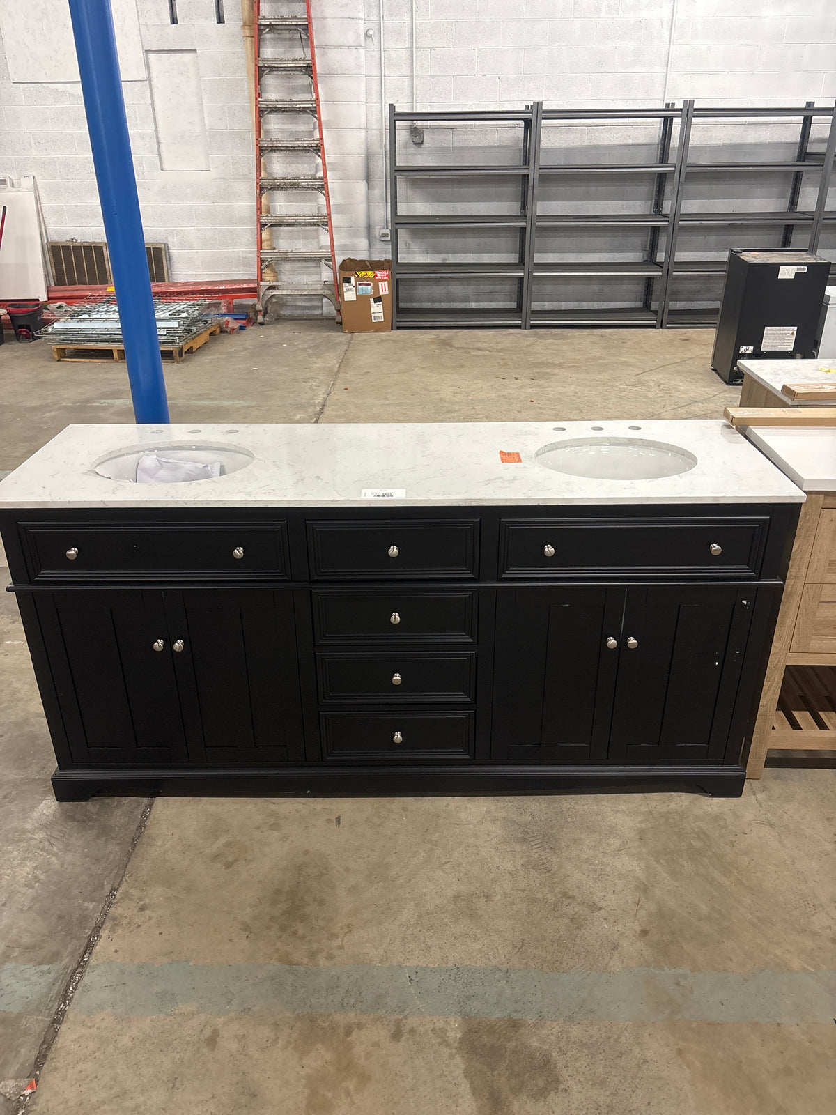 Fremont 72 in. Double Sink Black Bath Vanity with White Engineered Marble Top (Assembled)