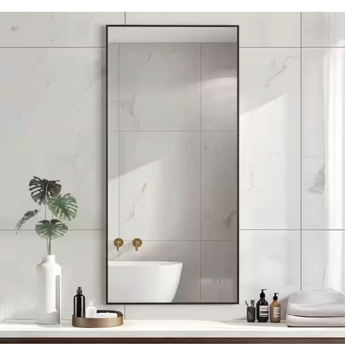 22 in. W x 47 in. H Rectangular Metal Framed Bathroom Wall Mirror in Black