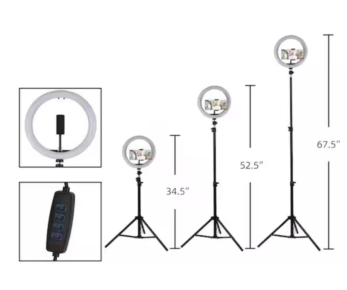 67.5 in. Black Contemporary 3CCT Integrated LED Selfie Ring Light Tripod with Adjustable Height and Smart Phone Holder