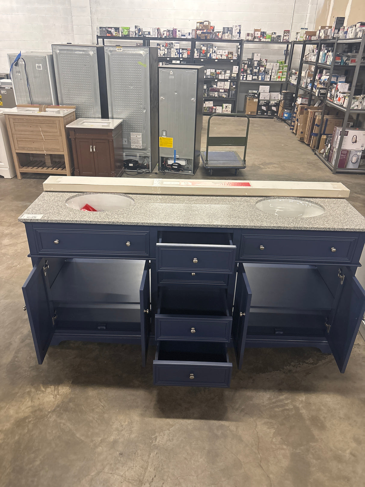 Fremont 72 in. W x 22 in. D x 34 in. H Vanity in Navy Blue With Grey Granite Top and White Sinks