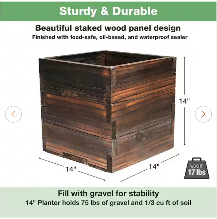 Large 14 in. Dark Brown Wooden Planter Box with String Light Pole Sleeve