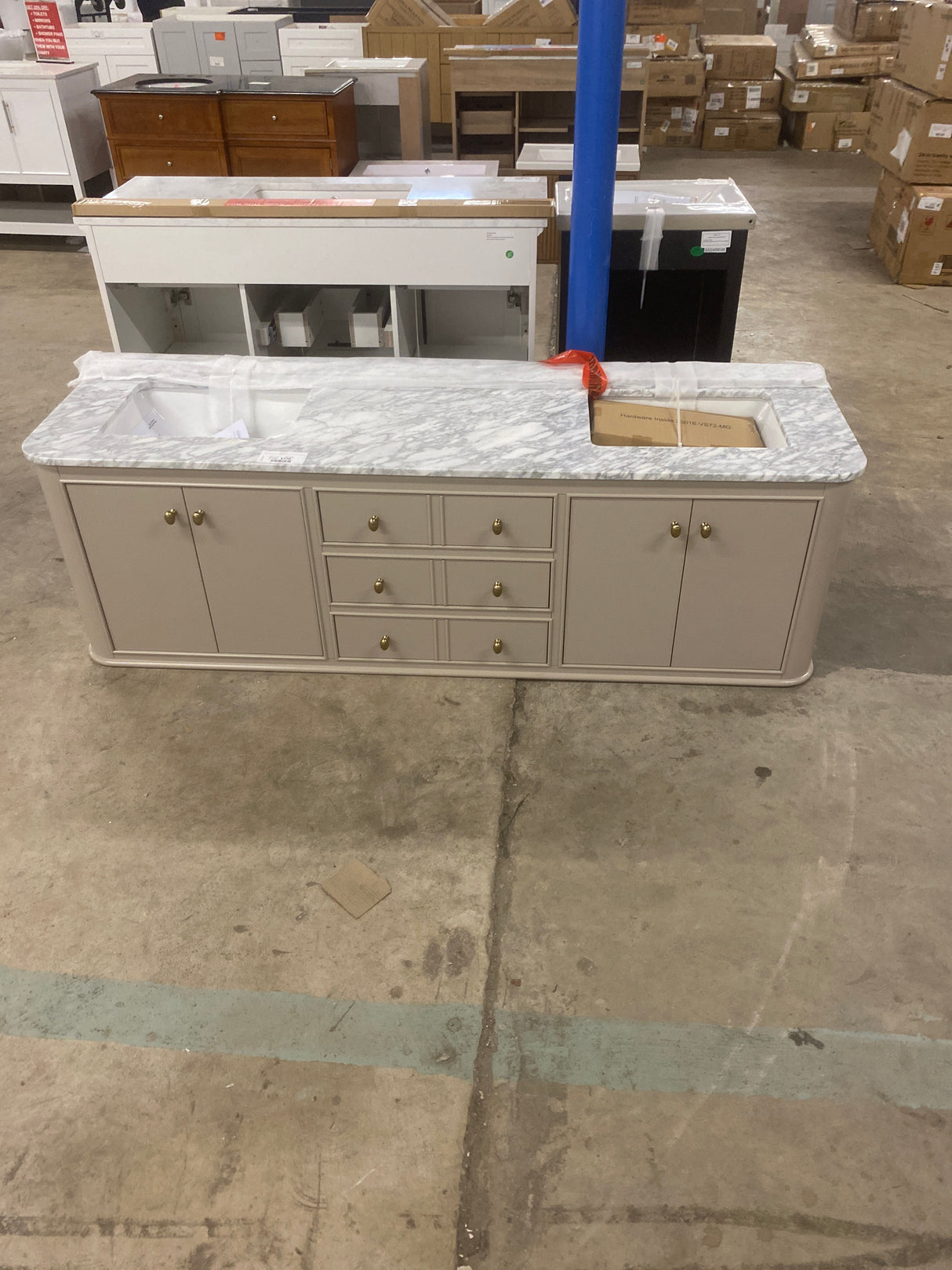 Collette 72 in. Double Sink Freestanding Bathroom Vanity in Greige with White Carrara Marble Top (Assembled)