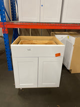 Shaker Satin White Stock Assembled Base Kitchen Cabinet with Ball-Bearing Drawer Glides (30 in. x 34.5 in. x 24 in.)