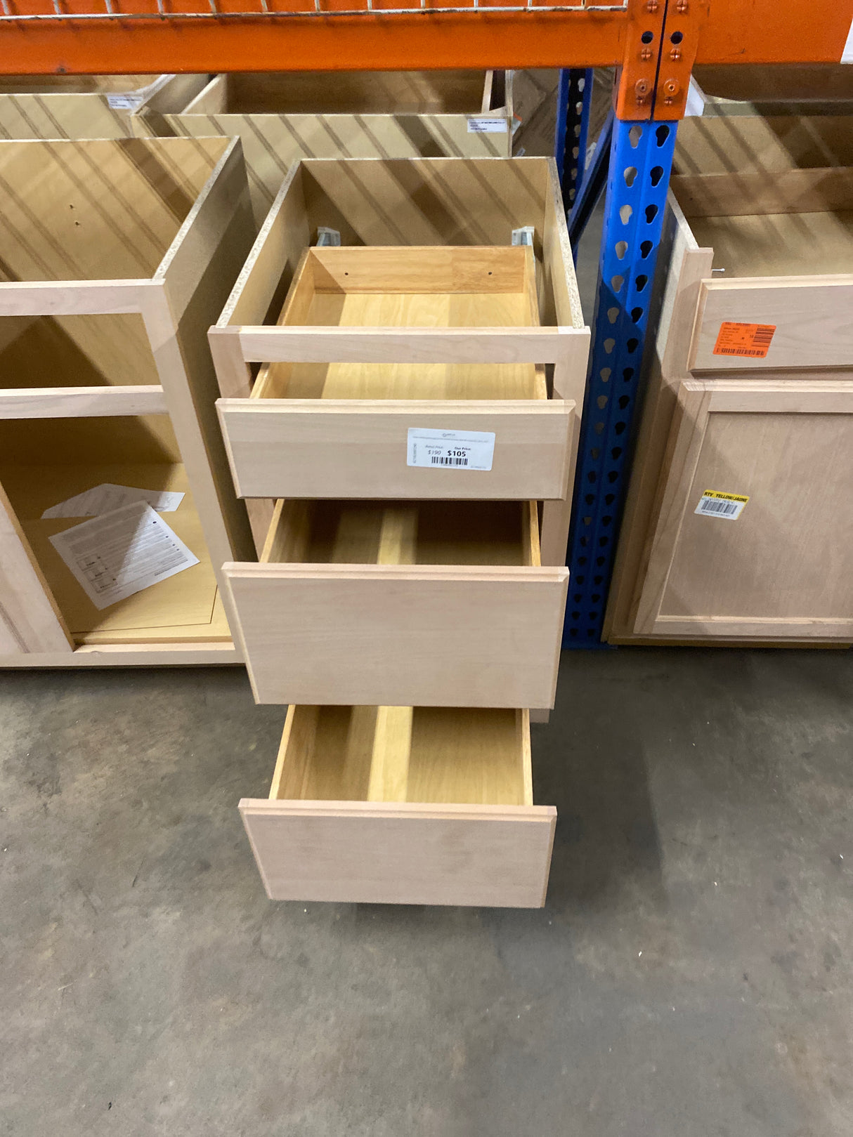 Hampton Unfinished Beech Recessed Panel Stock Assembled Base Kitchen Cabinet with 3 Drawers (18 in. x 34.5 in. x 24 in.)