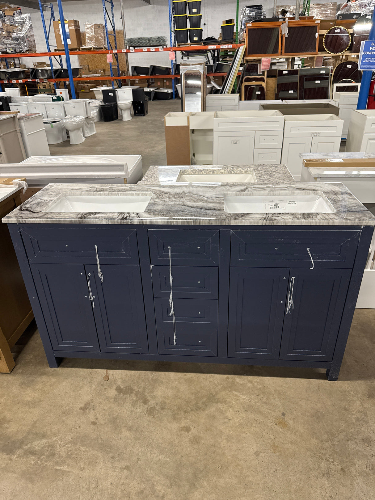 Beaufort 60 in. W x 19 in. D x 34.50 in. H Bath Vanity in Midnight Blue with Epoxied White Cultured Marble Top